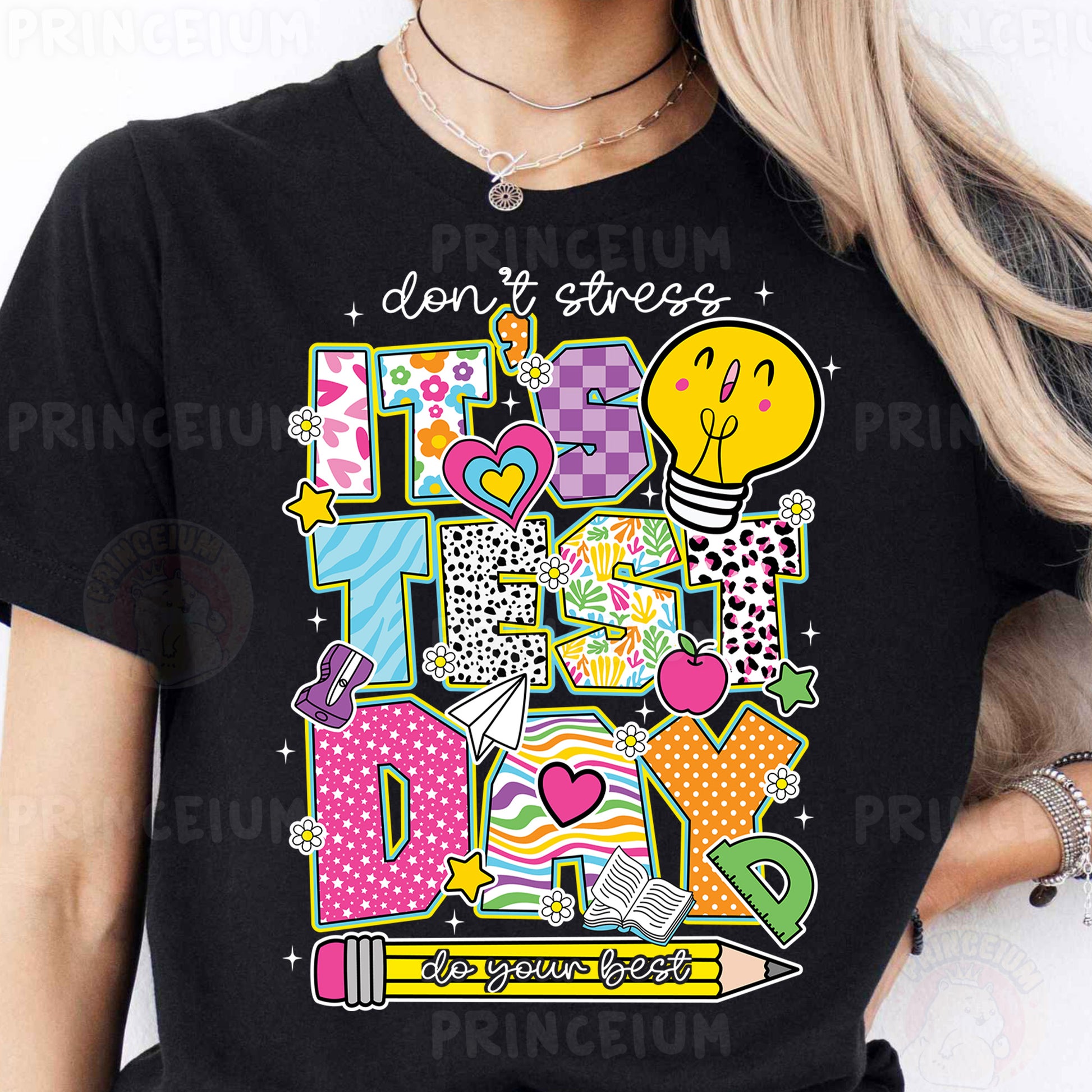 a woman wearing a black t - shirt with the words don't stress on