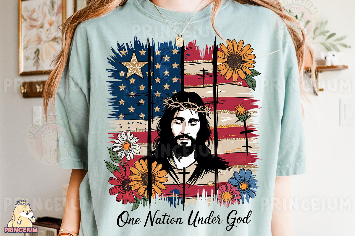 a woman wearing a t - shirt with a picture of jesus on it