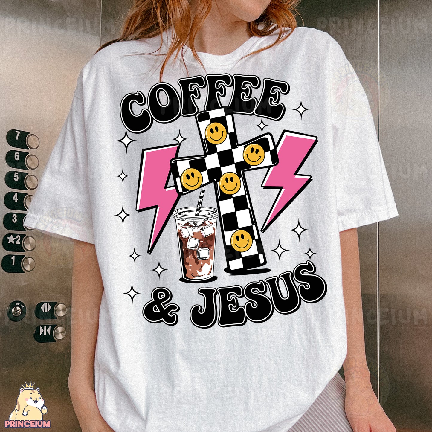a woman wearing a coffee and jesus shirt
