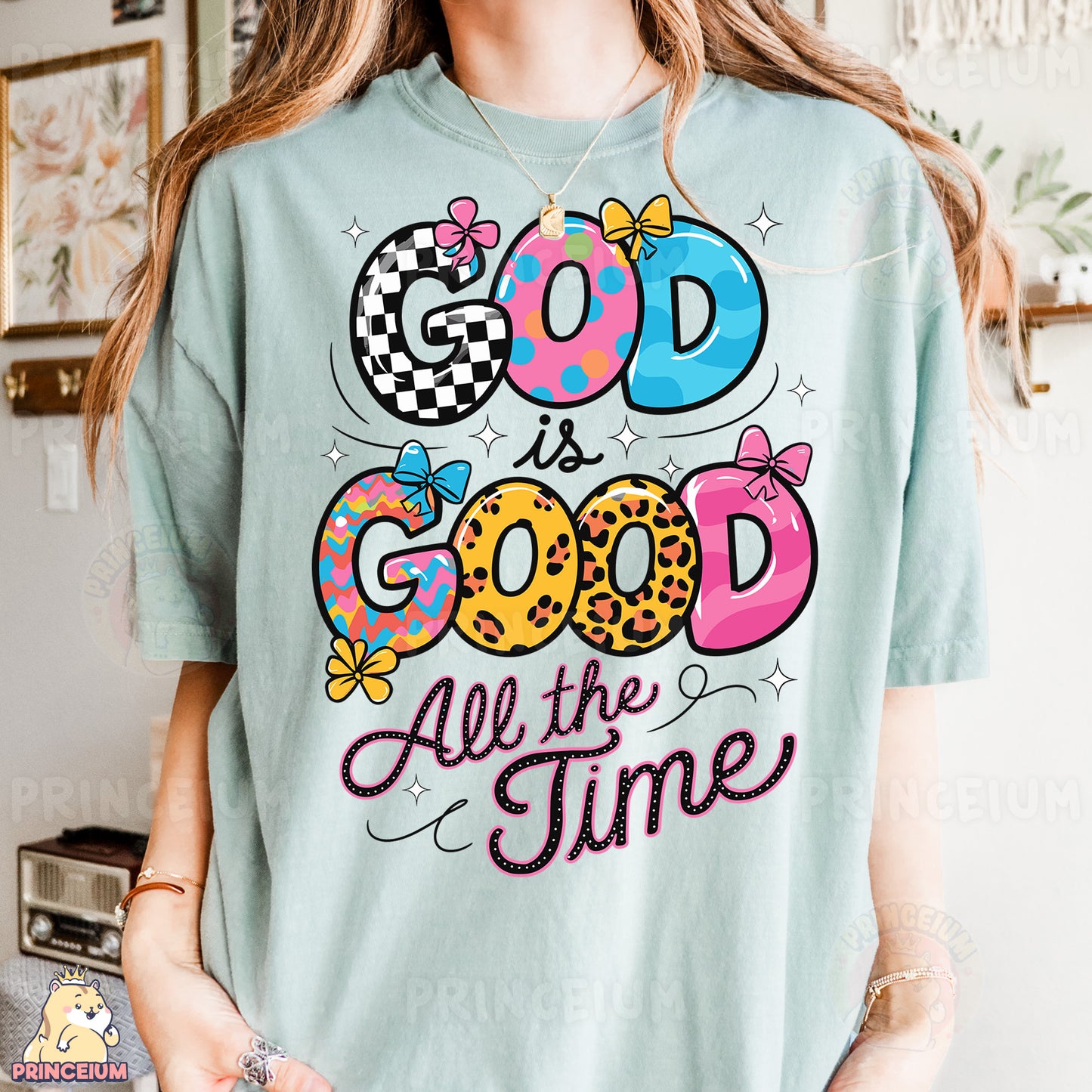 a woman wearing a t - shirt that says god is good all the time