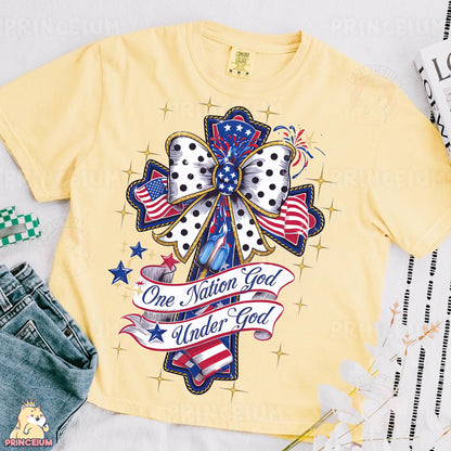 a t - shirt with an american flag and a cross on it
