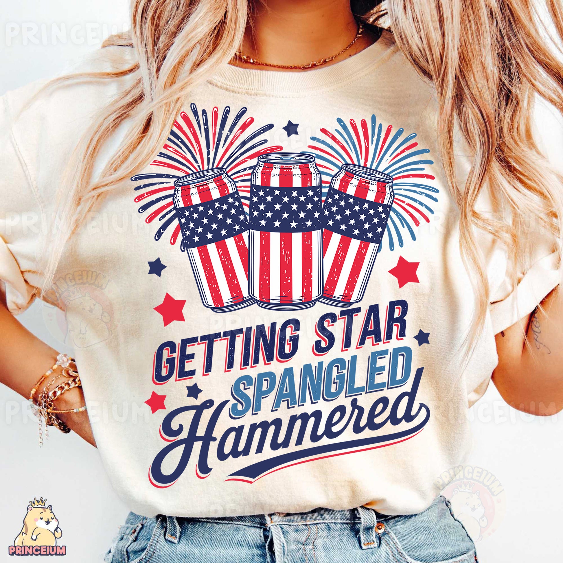 a woman wearing a t - shirt that says getting star spangled hammered