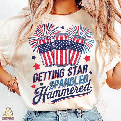 a woman wearing a t - shirt that says getting star spangled hammered