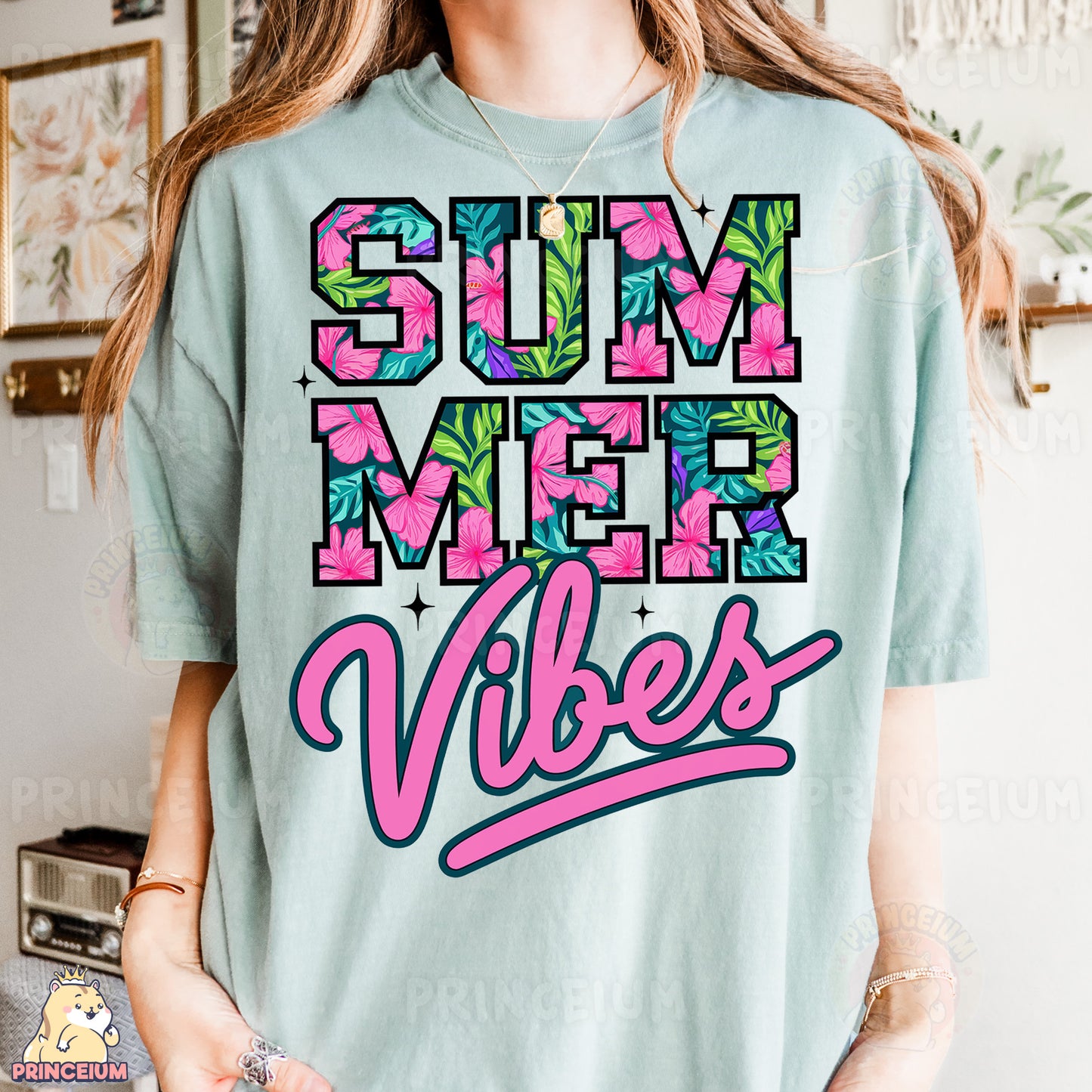 a woman wearing a t - shirt that says,'summer vibes '