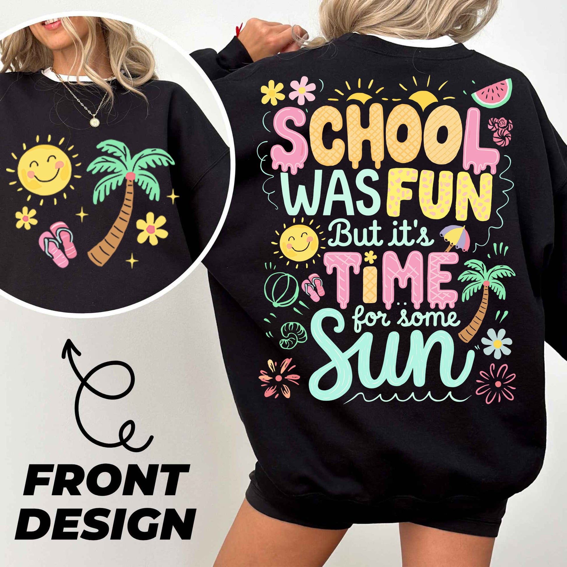 a woman wearing a black sweatshirt that says school was fun but it time for some