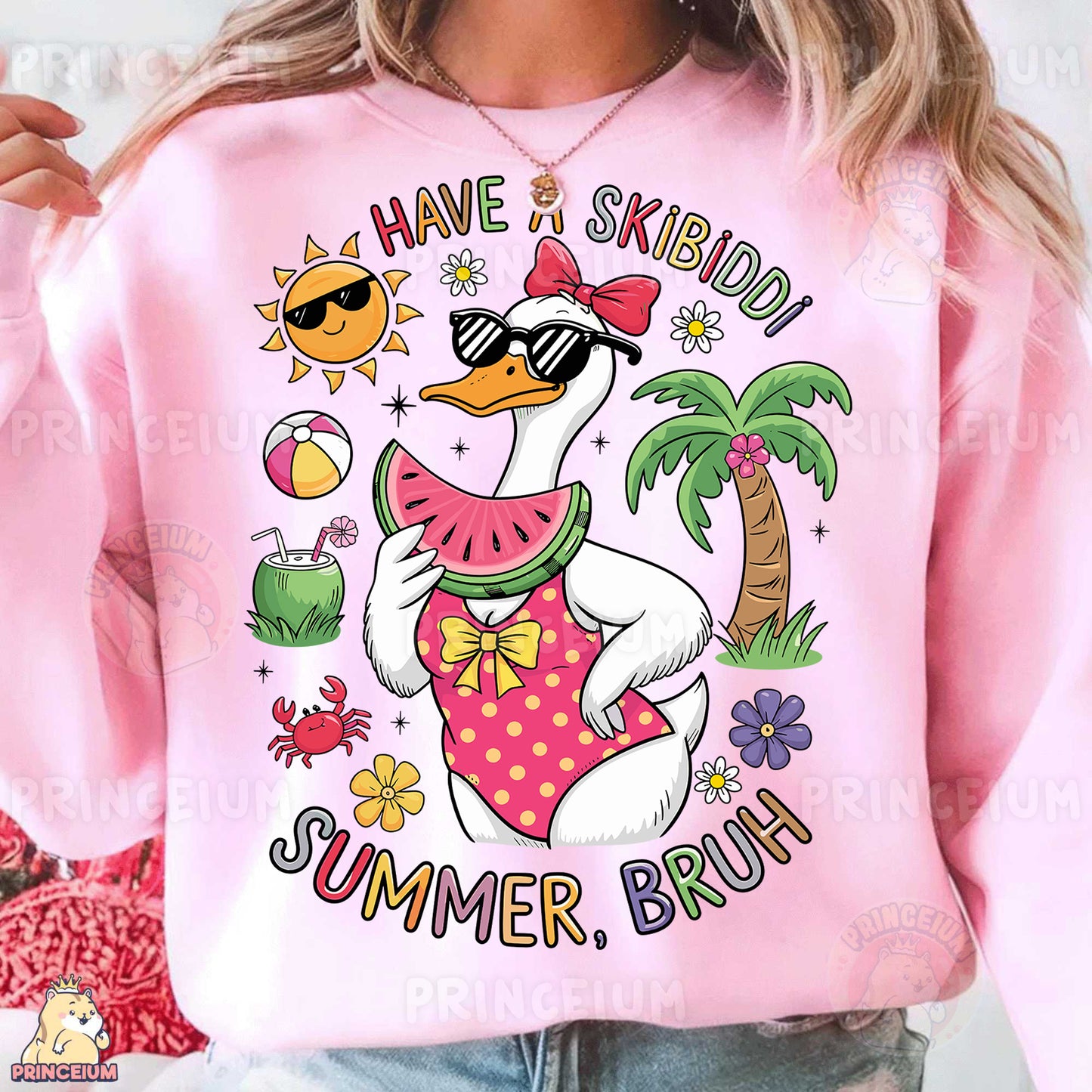 a woman wearing a pink shirt with a cartoon duck on it