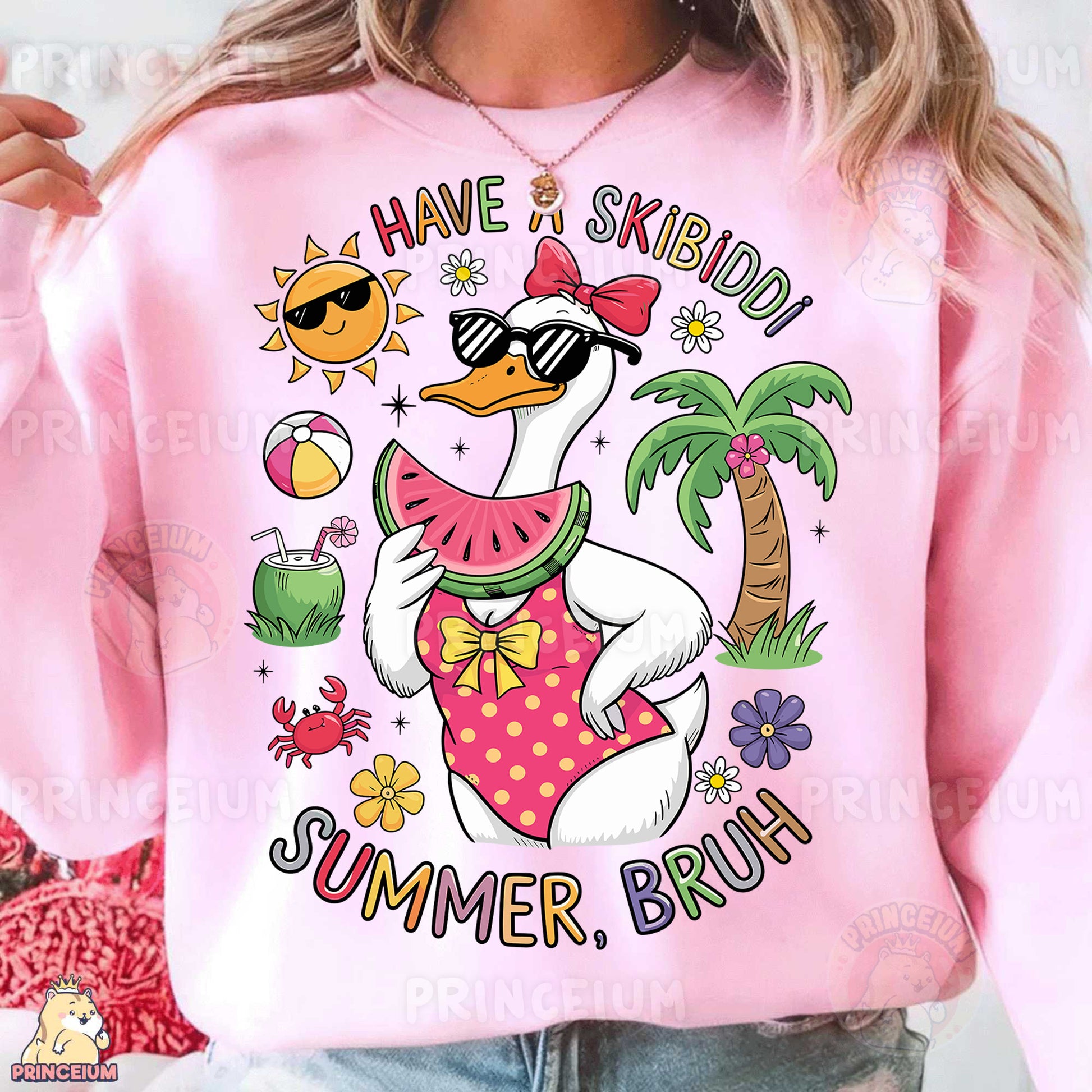 a woman wearing a pink shirt with a cartoon duck on it