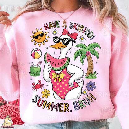 a woman wearing a pink shirt with a cartoon duck on it