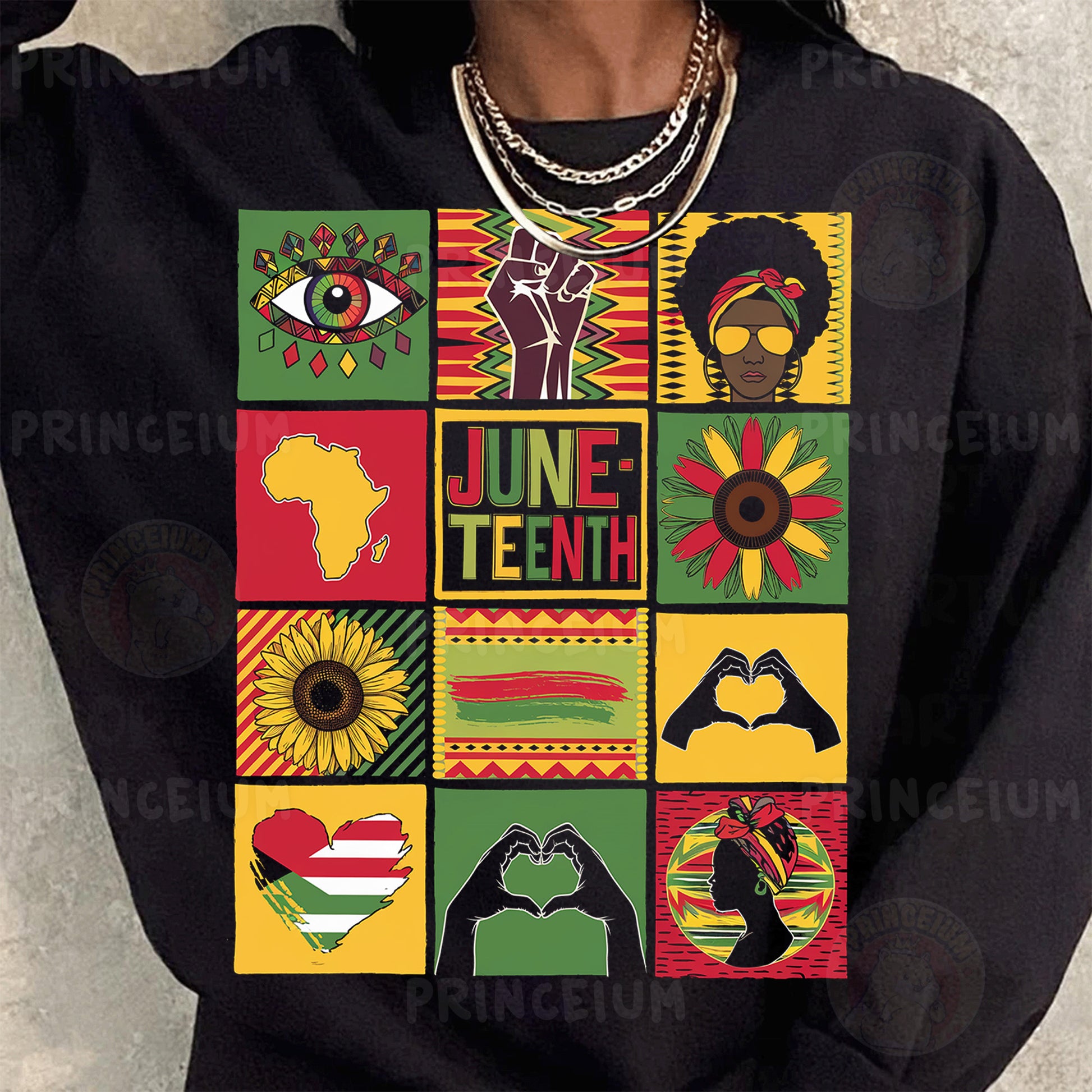 a woman wearing a black shirt with colorful images on it