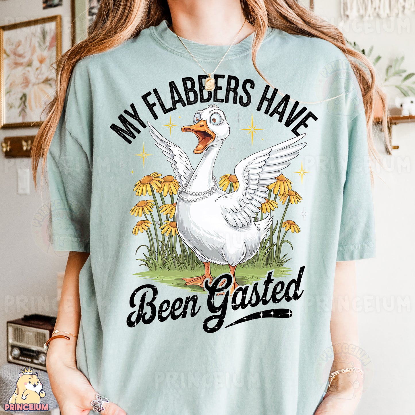 a woman wearing a t - shirt with a goose on it