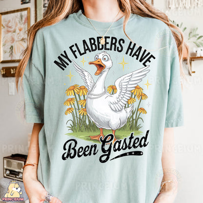 a woman wearing a t - shirt with a goose on it