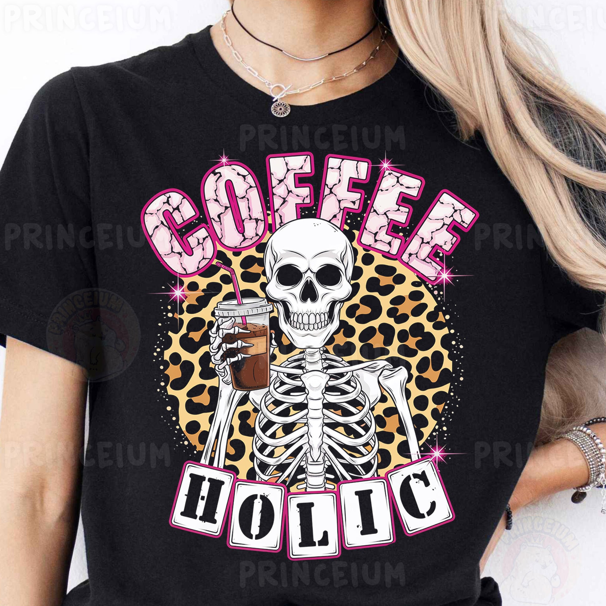 a woman wearing a coffee shirt with a skeleton holding a cup