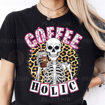 a woman wearing a coffee shirt with a skeleton holding a cup