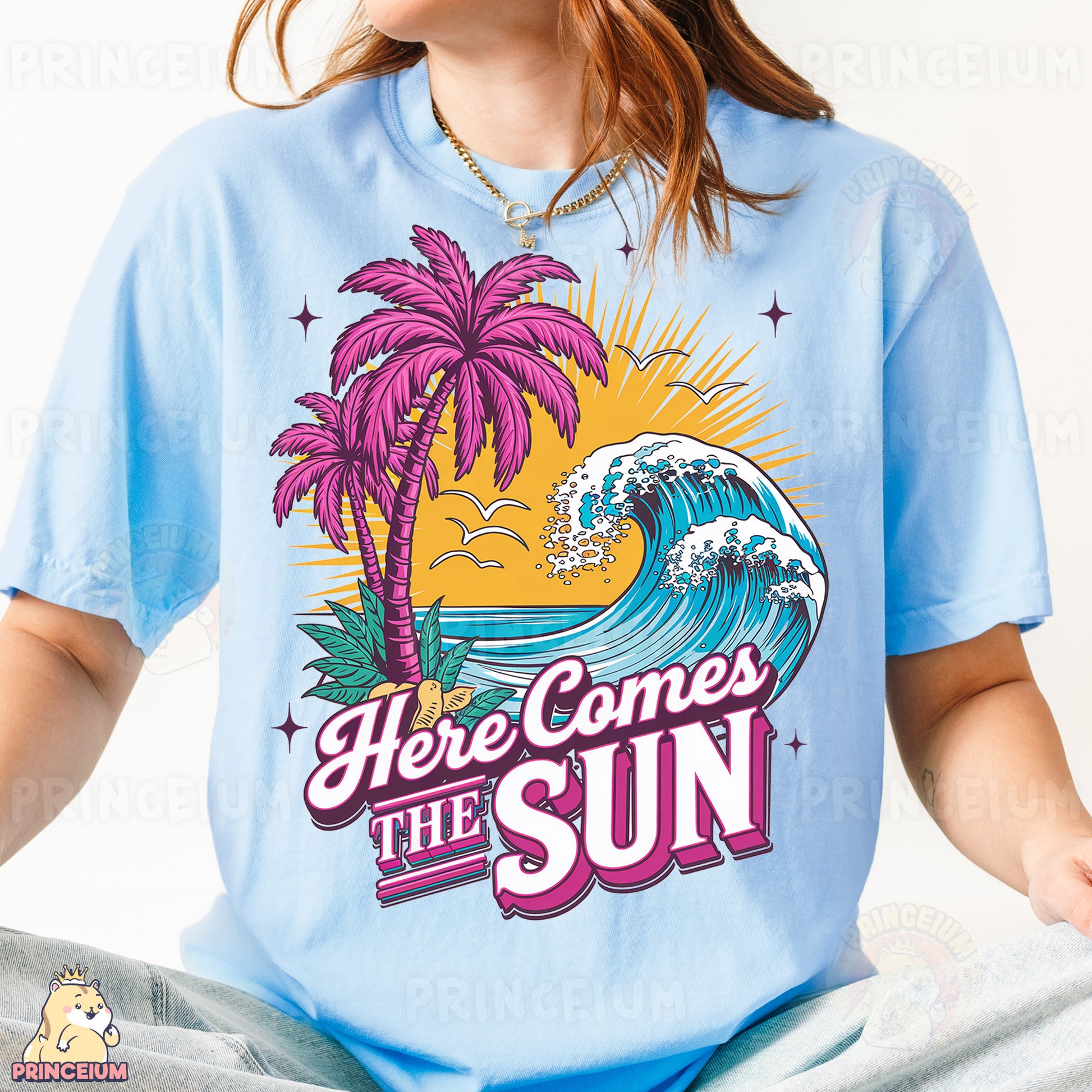 a woman wearing a blue shirt with a palm tree on it
