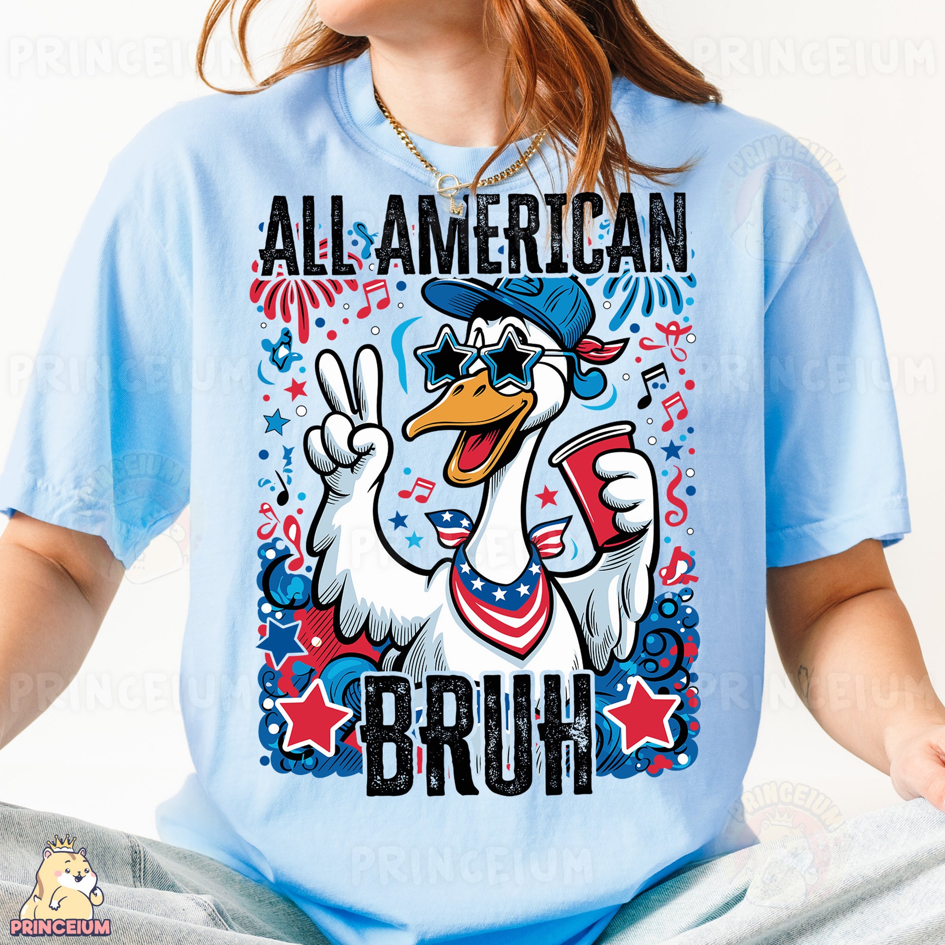a woman wearing a blue shirt with a cartoon duck on it