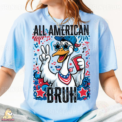 a woman wearing a blue shirt with a cartoon duck on it