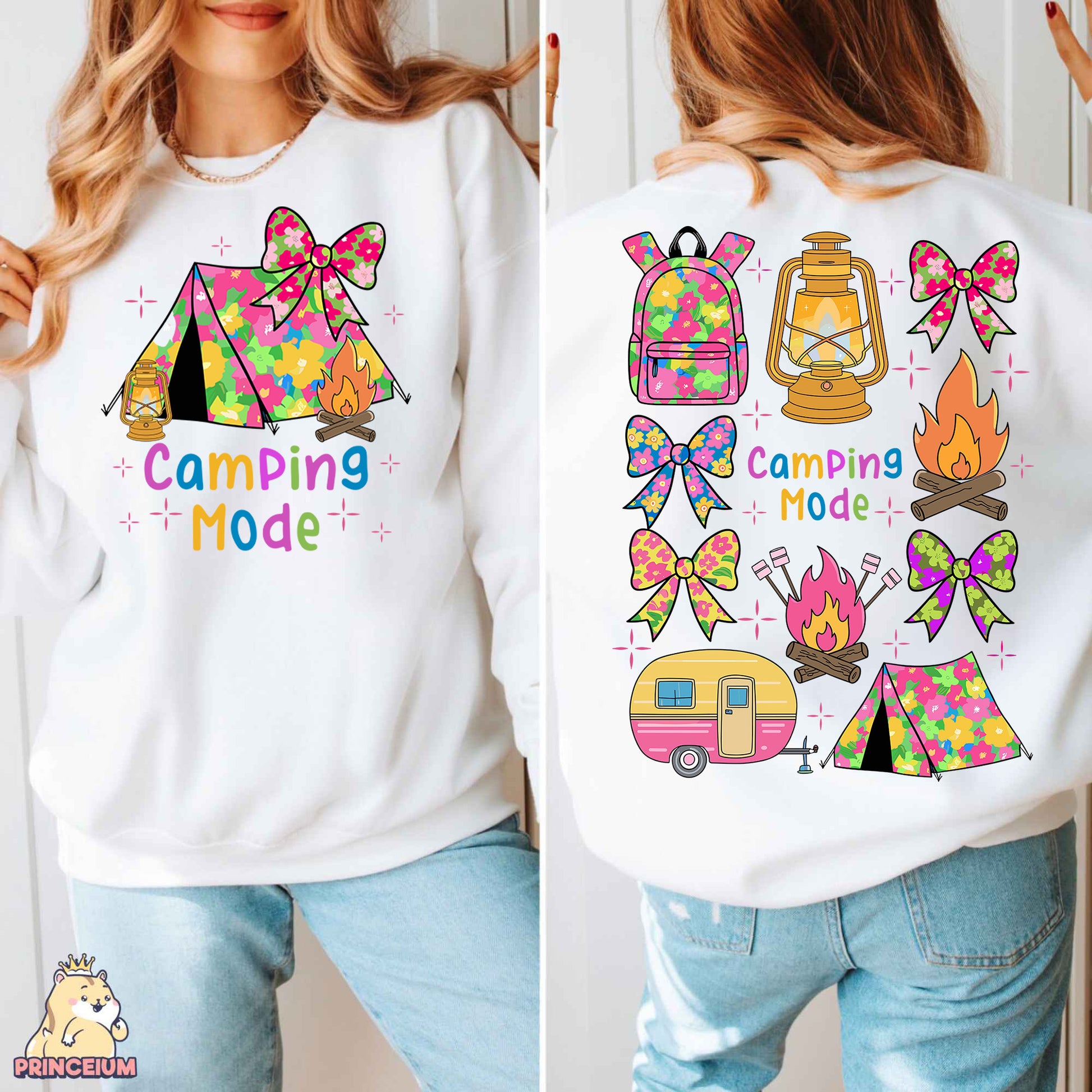 a woman wearing a camping mode sweatshirt and jeans