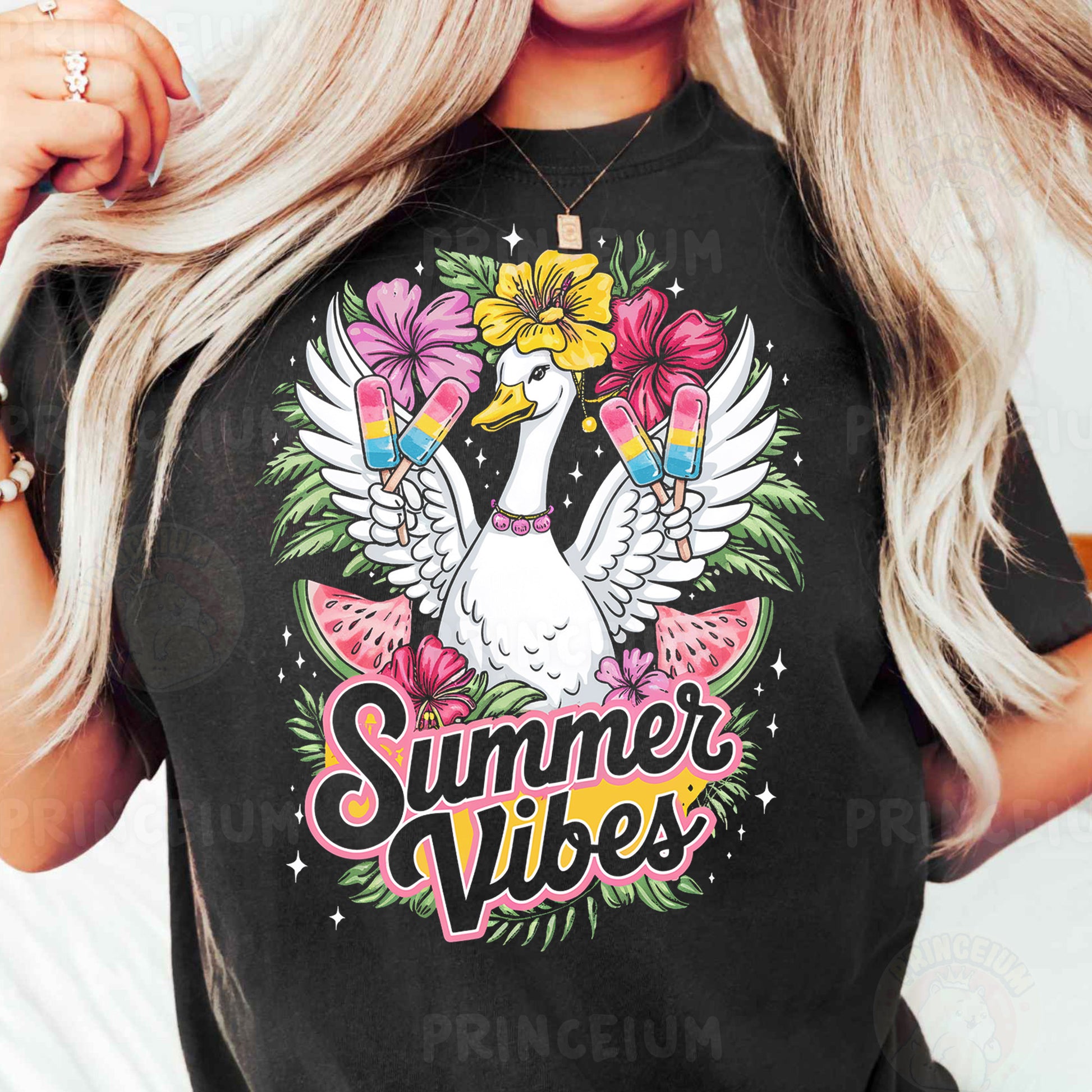 a woman wearing a black shirt that says summer vibes
