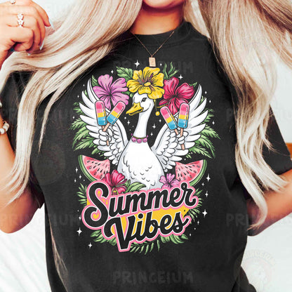 a woman wearing a black shirt that says summer vibes