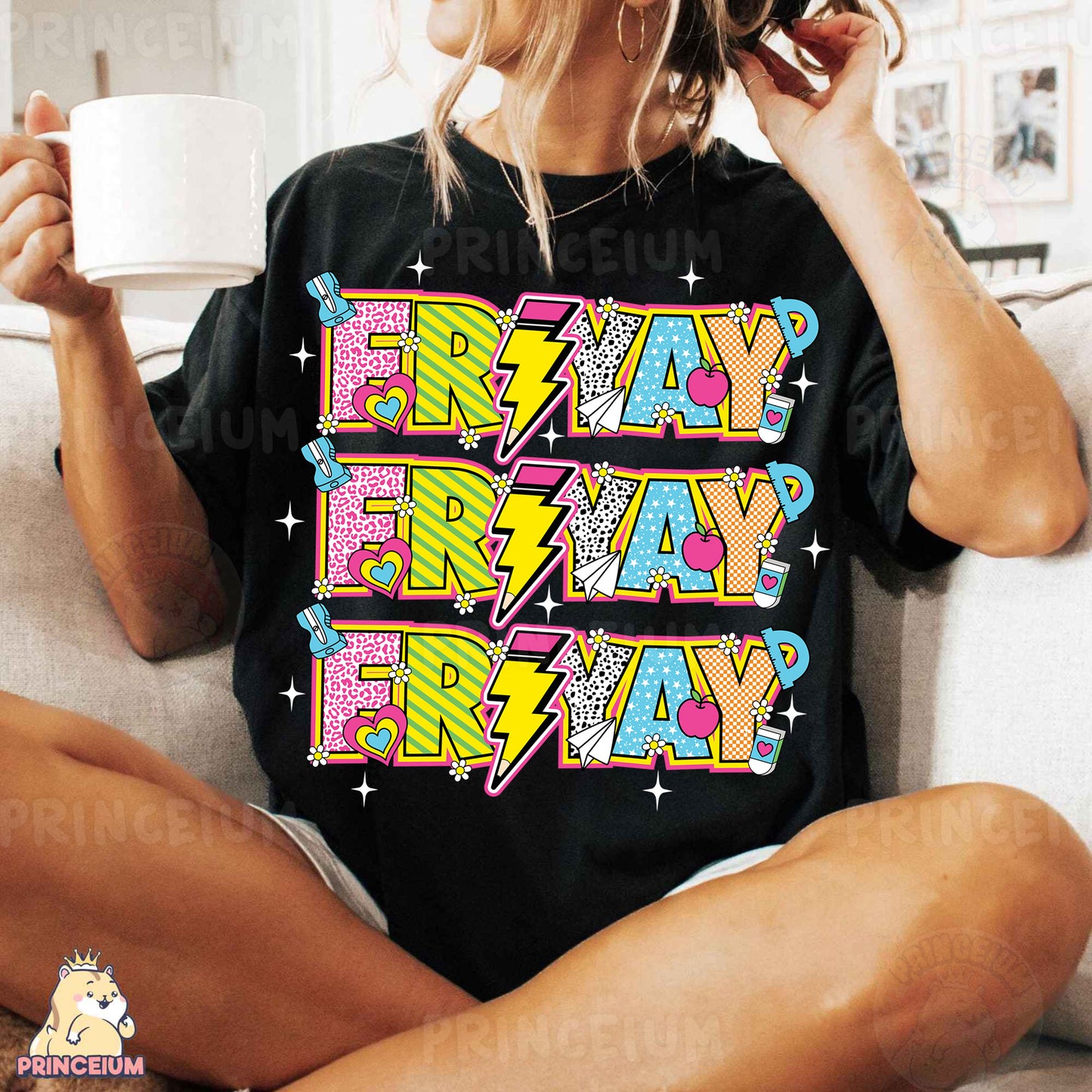 a woman sitting on a couch holding a cup of coffee