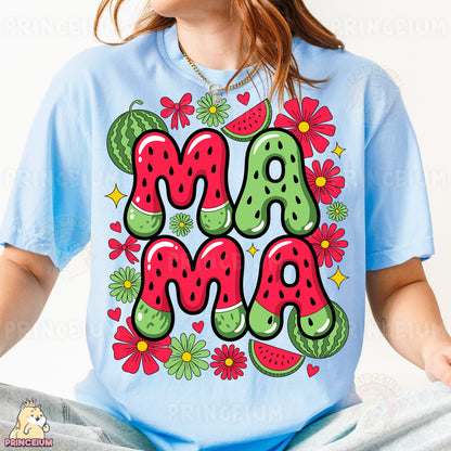 a girl wearing a t - shirt with the word mama on it