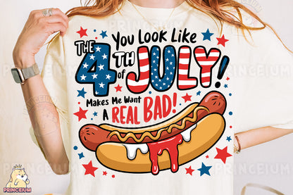 a woman wearing a t - shirt with a hot dog on it