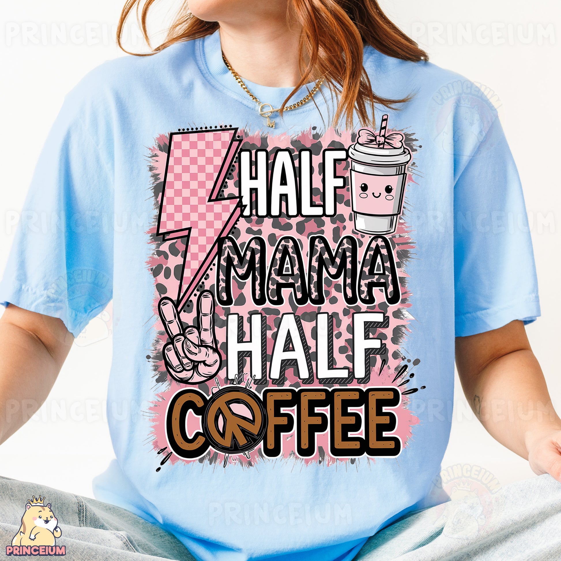 a woman wearing a shirt that says half mama half coffee