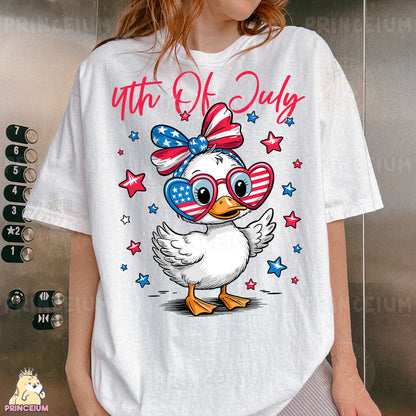 a woman wearing a white shirt with a duck wearing glasses