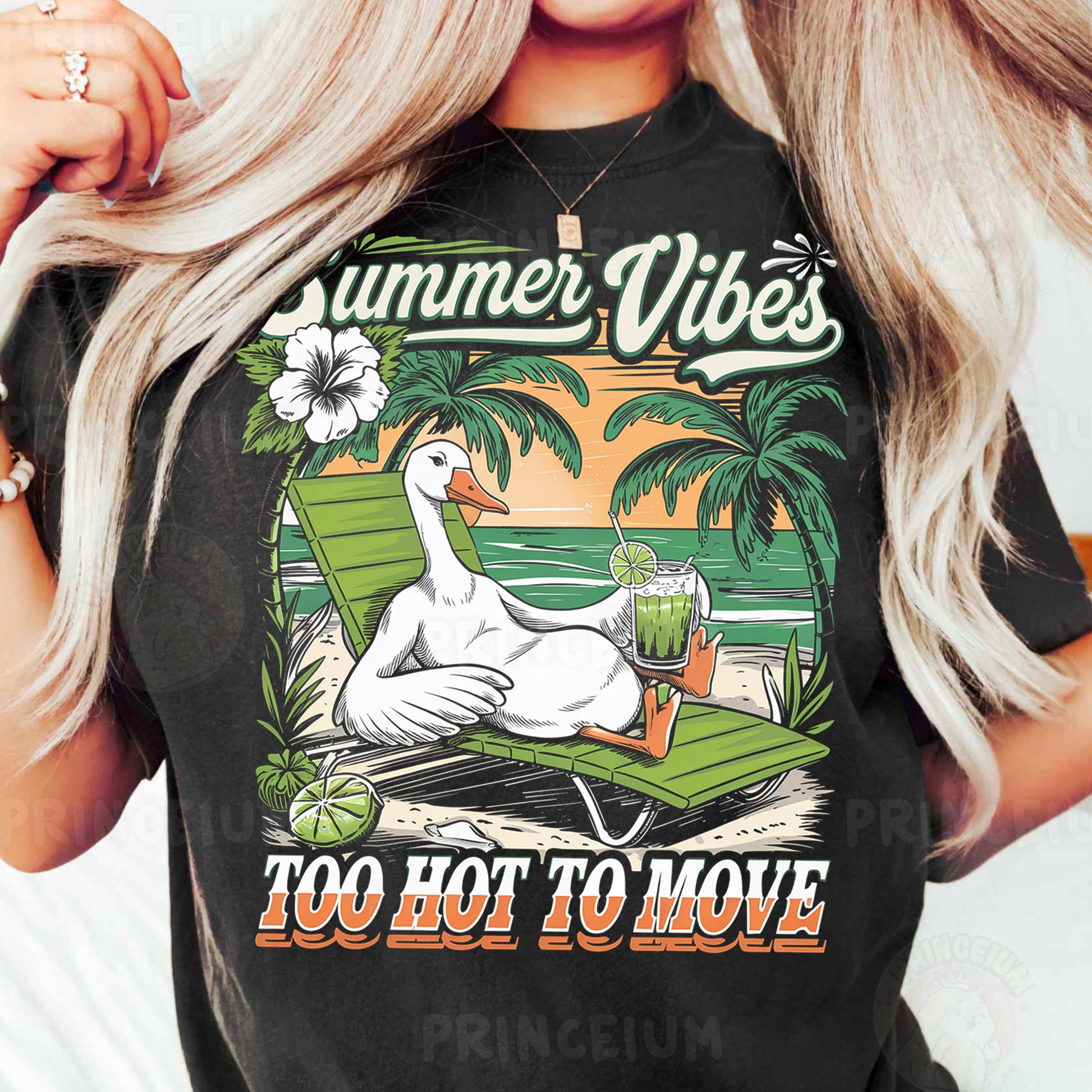 a woman wearing a black shirt with a goose on it