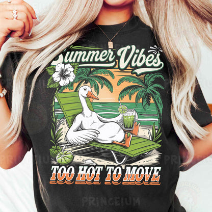 a woman wearing a black shirt with a goose on it