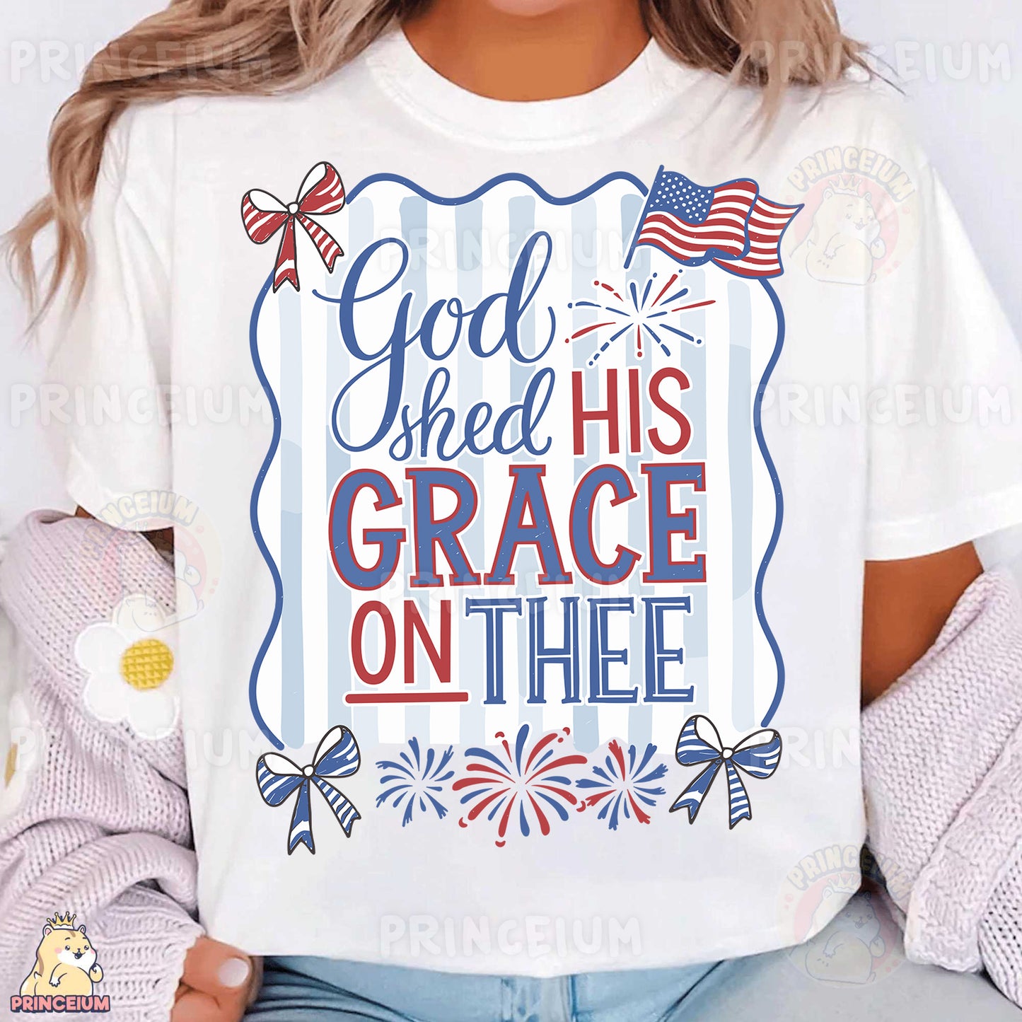 a woman wearing a white t - shirt that says god shed his grace on the