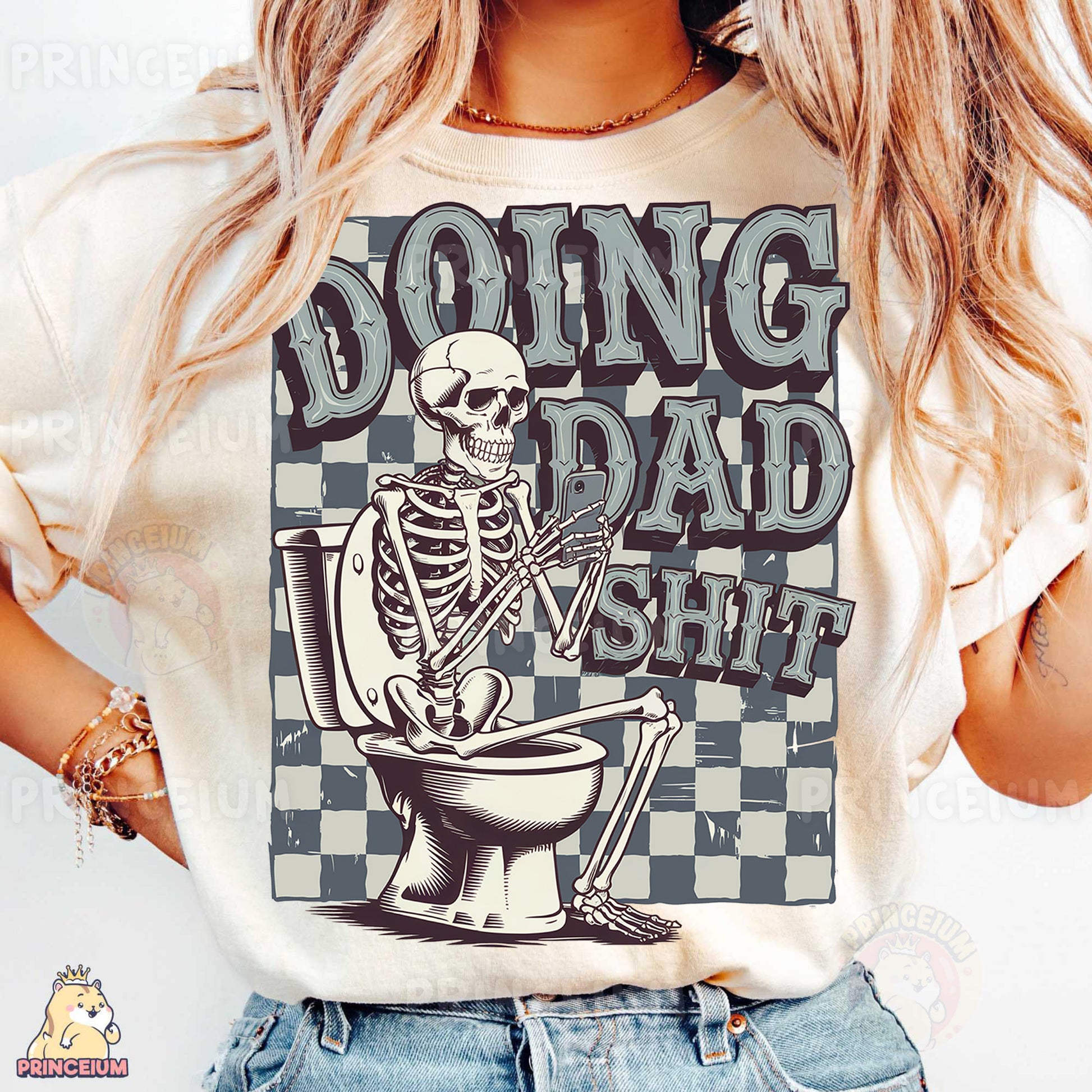 a woman wearing a t - shirt with a skeleton sitting on a toilet
