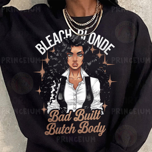 a woman wearing a black sweatshirt with a picture of a woman on it