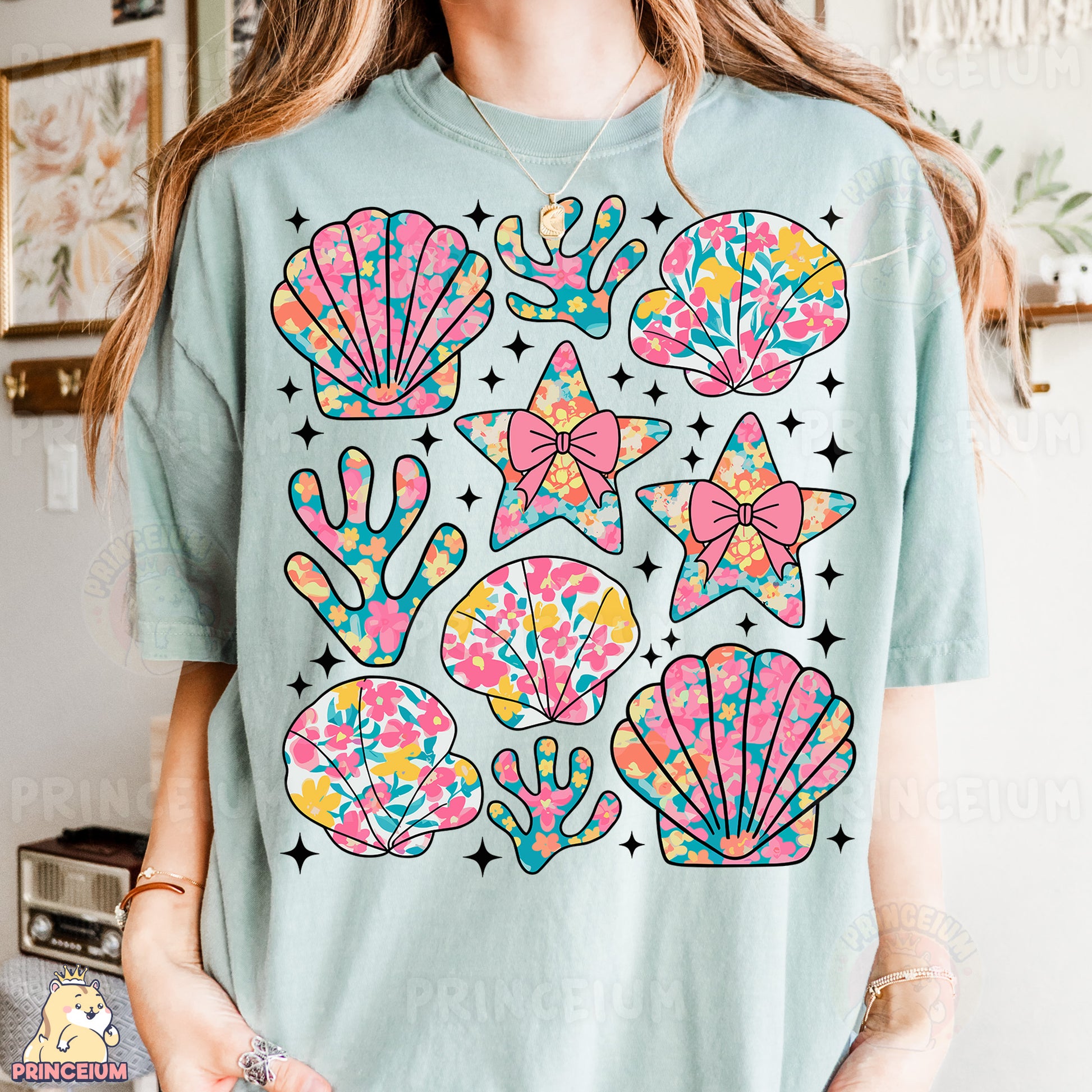 a woman wearing a t - shirt with a design on it