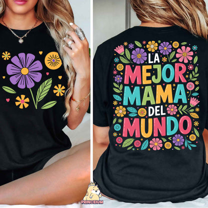 a woman wearing a t - shirt that says la mejor mama del mundo