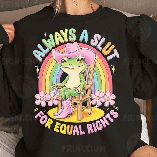 a woman wearing a black shirt that says always a slut for equal rights