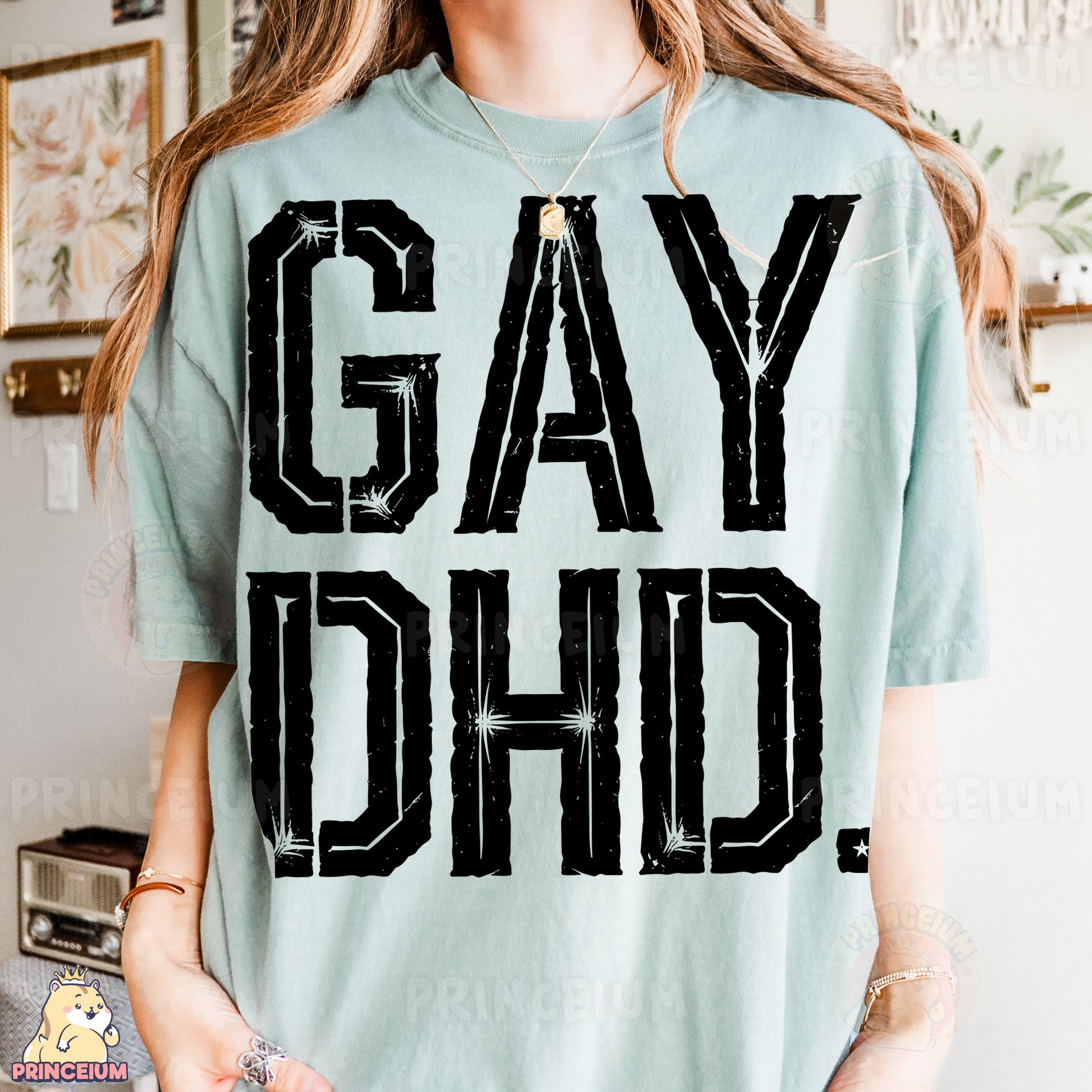 a woman wearing a t - shirt that says gay chic