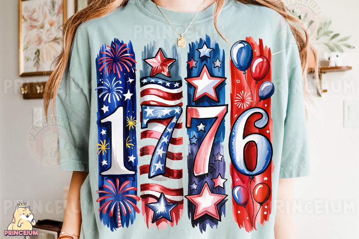 a woman wearing a t - shirt with fireworks and stars on it