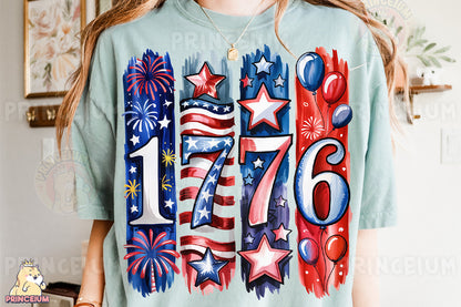 a woman wearing a t - shirt with fireworks and stars on it