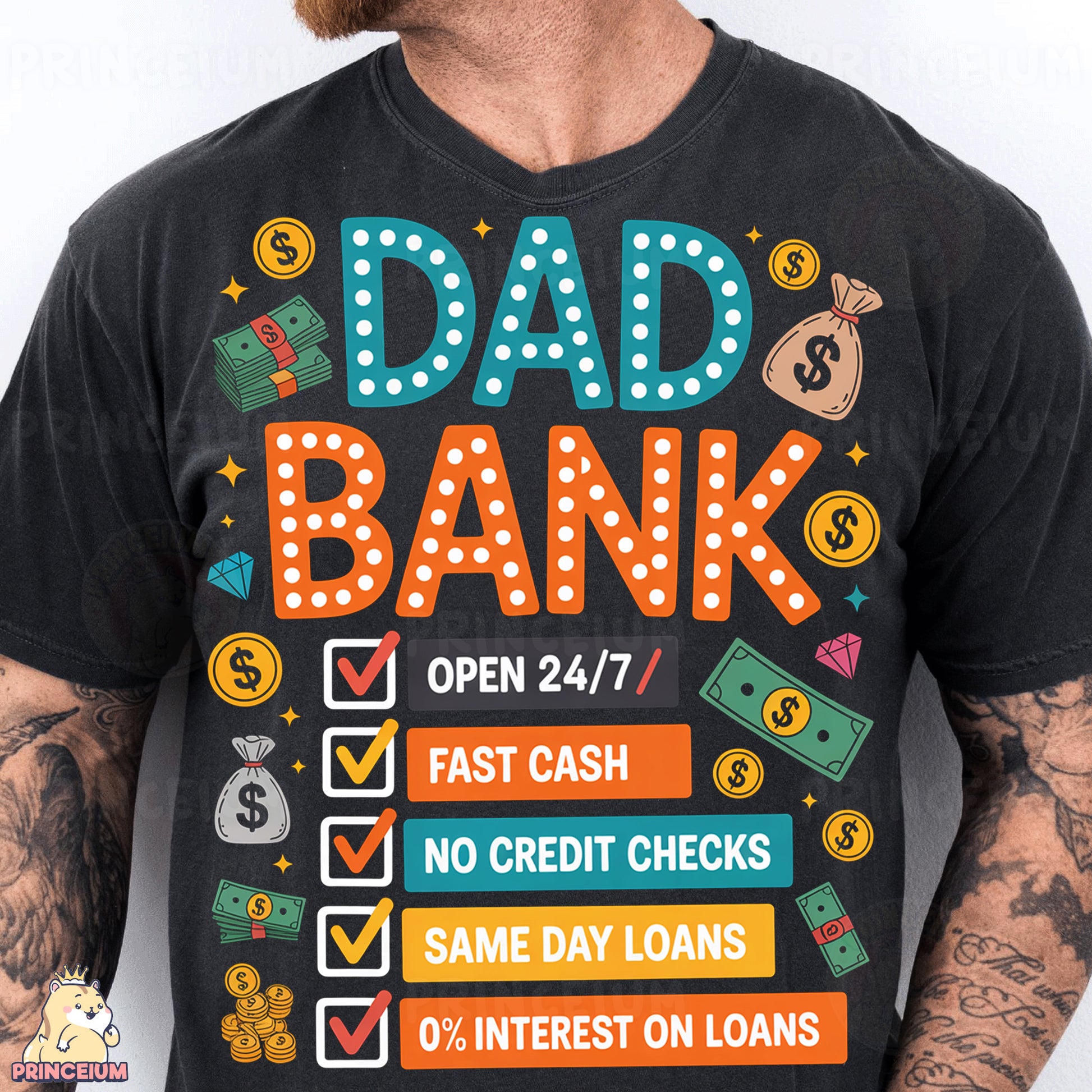 a man with a beard wearing a t - shirt that says dad bank