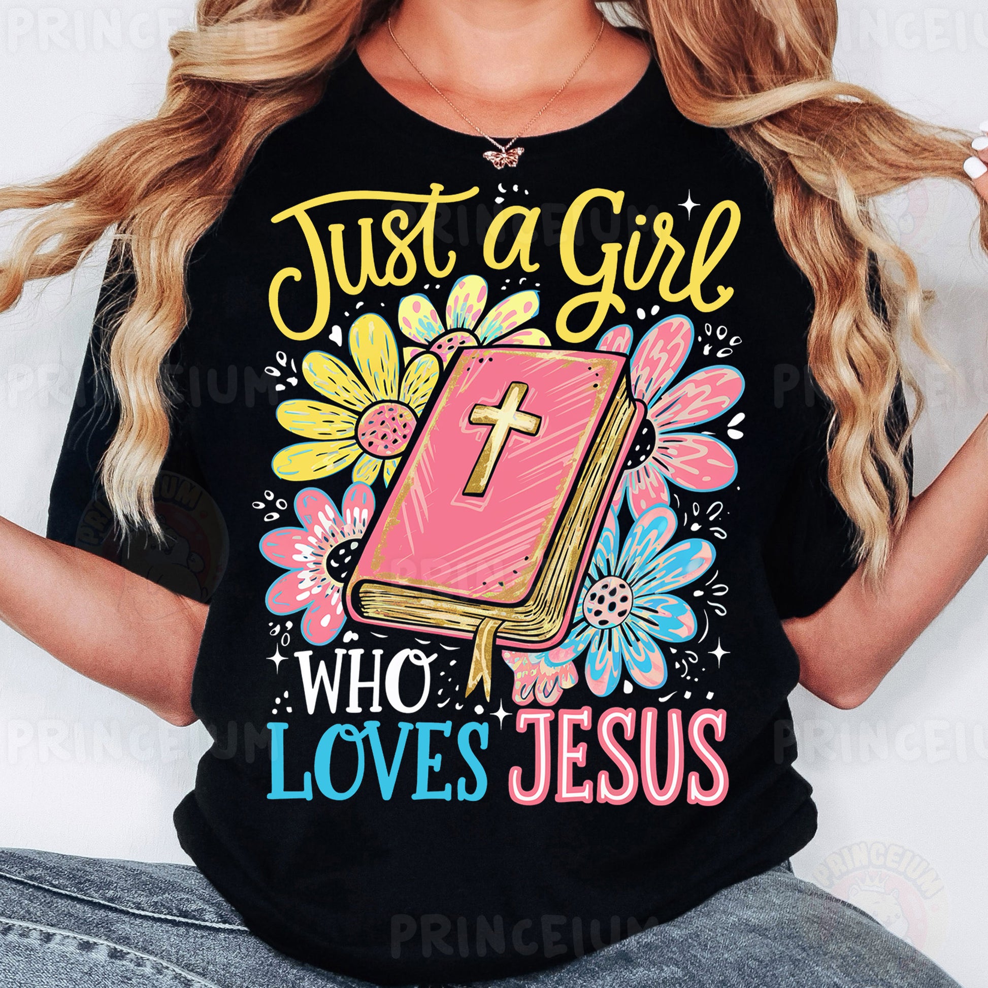 a woman wearing a t - shirt that says just a girl who loves jesus