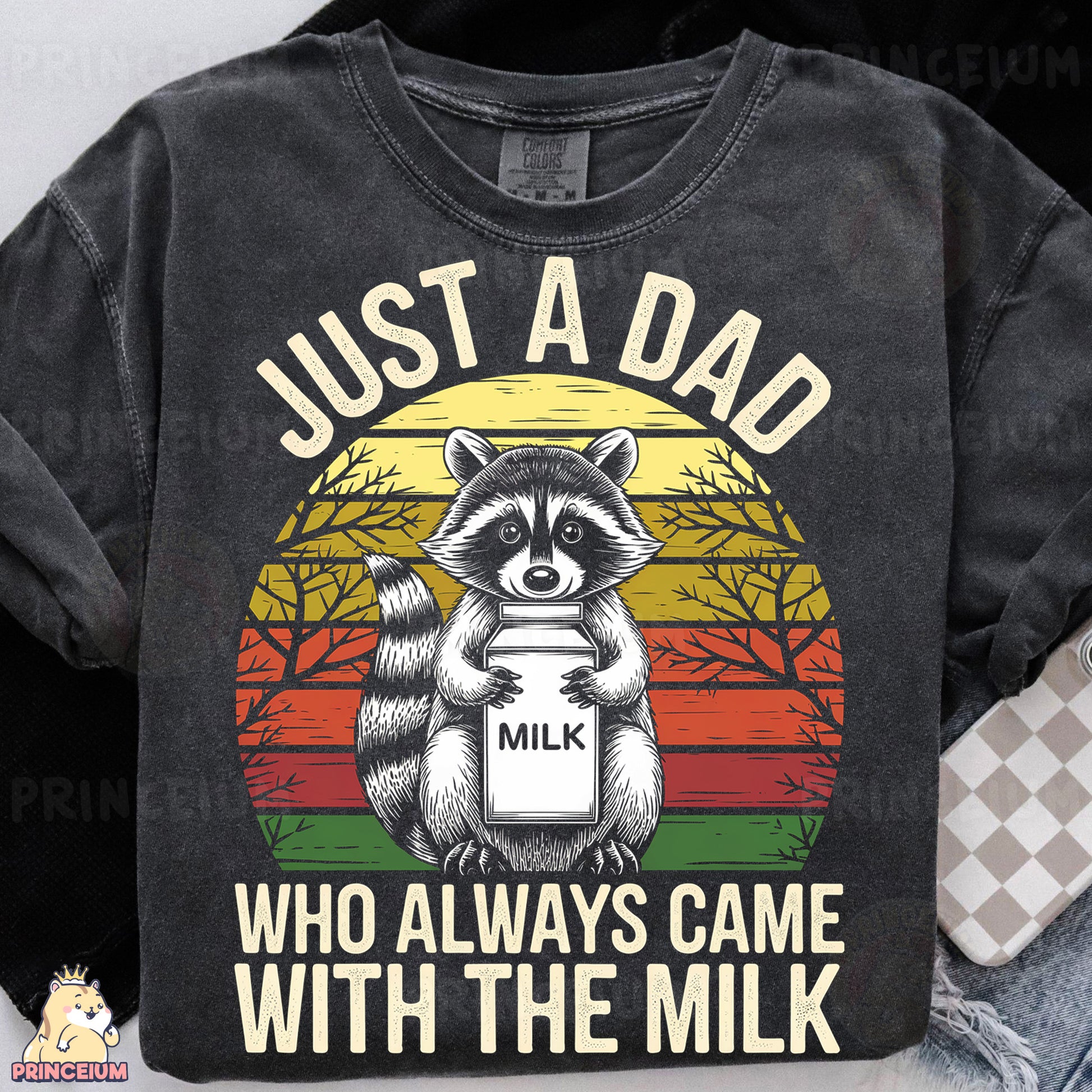 a shirt with a raccoon holding a milk jug