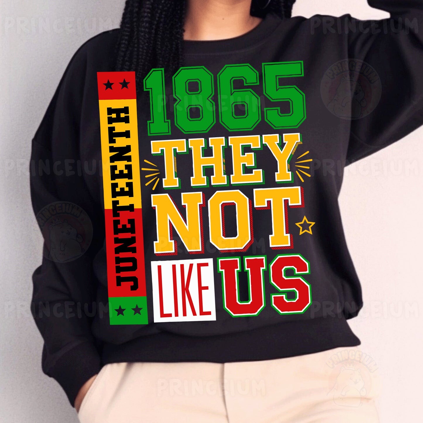 a woman wearing a black sweatshirt that says, 1965 they not like us