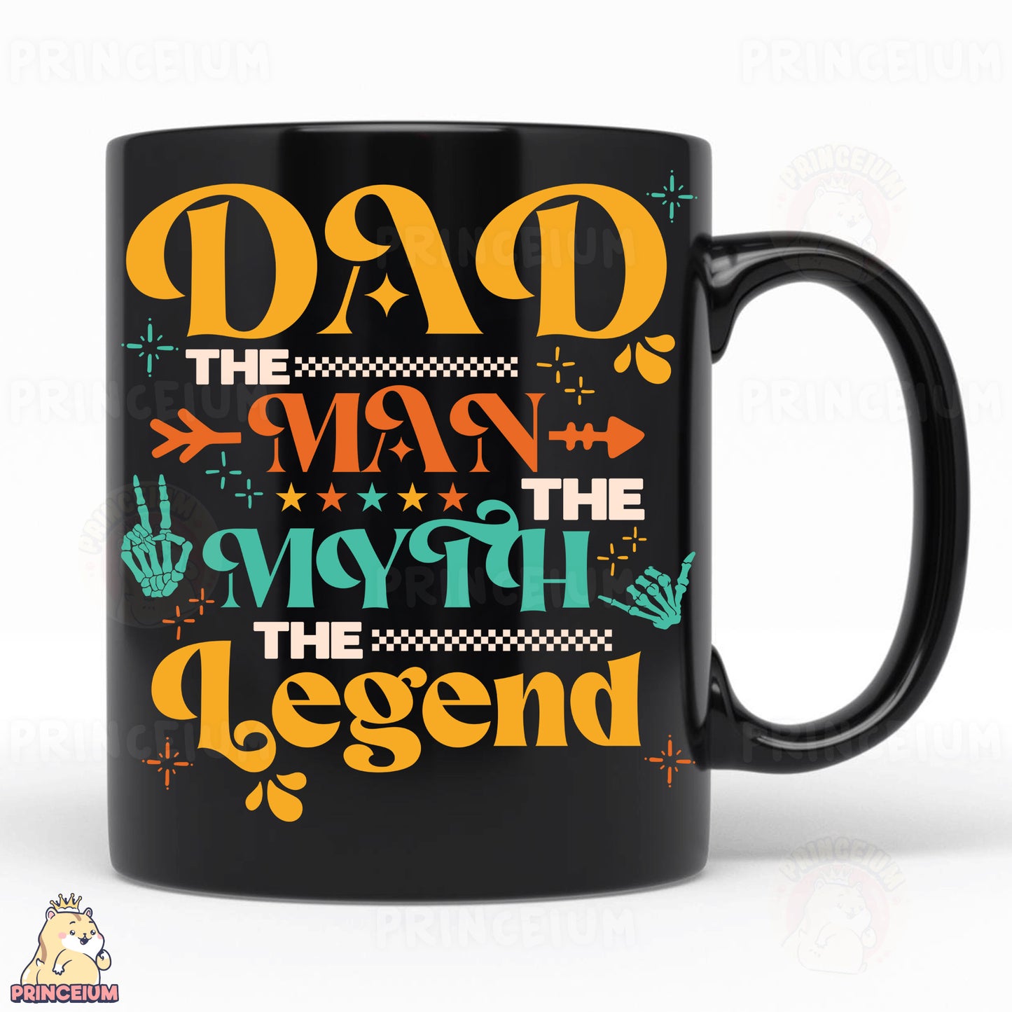a black coffee mug that says dad the man the legend