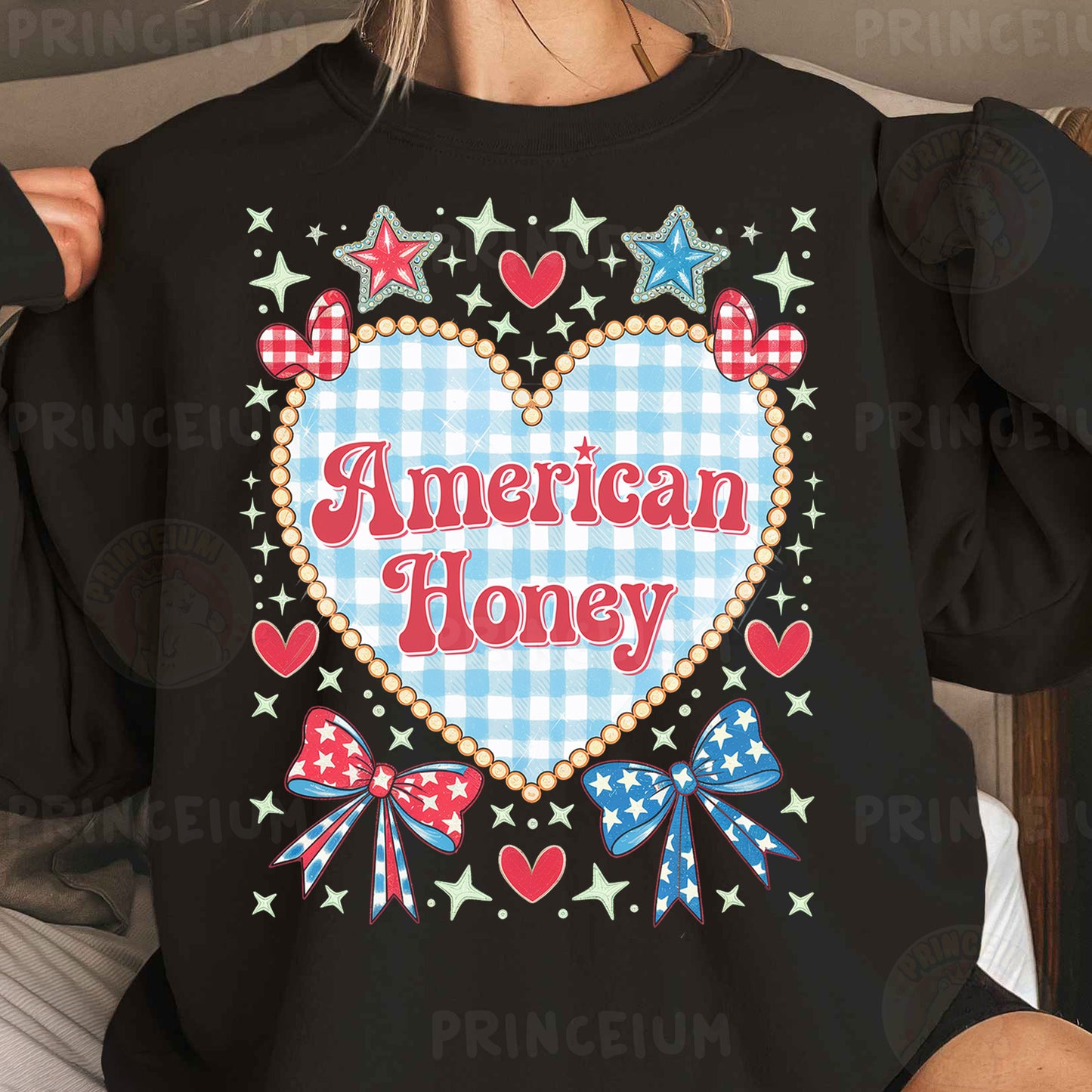 a woman wearing a black american honey shirt