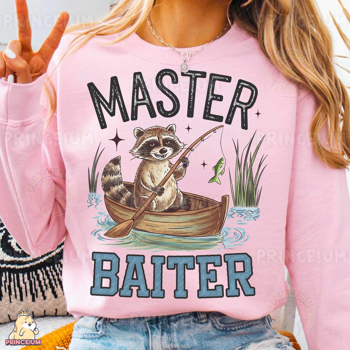 a woman wearing a pink shirt with a raccoon on it