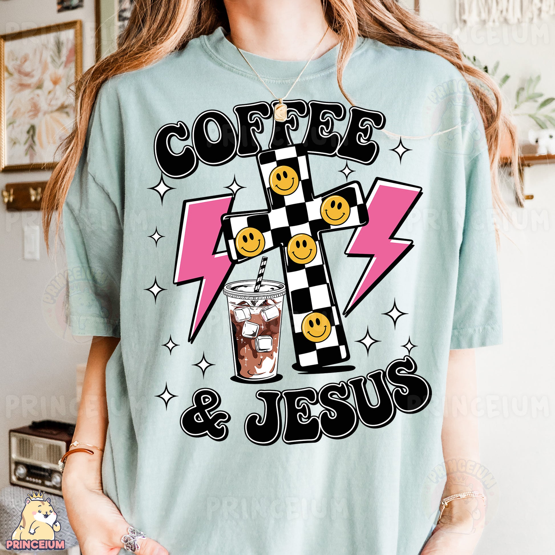 a woman wearing a t - shirt that says coffee and jesus