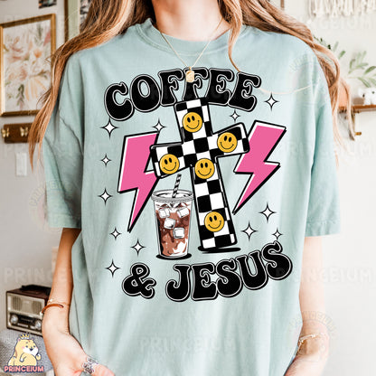 a woman wearing a t - shirt that says coffee and jesus