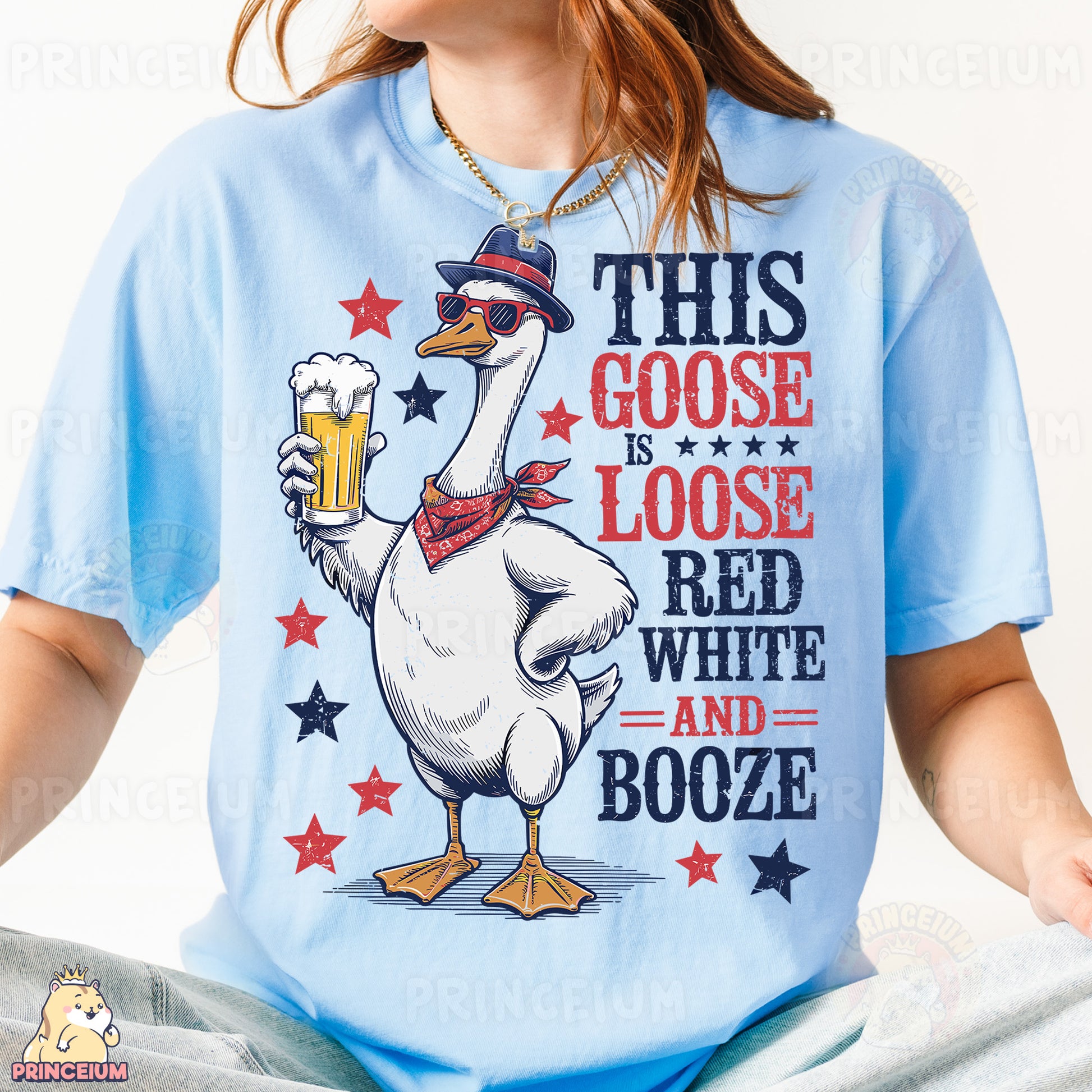 a woman wearing a goose t - shirt with a beer in her hand