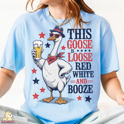 a woman wearing a goose t - shirt with a beer in her hand